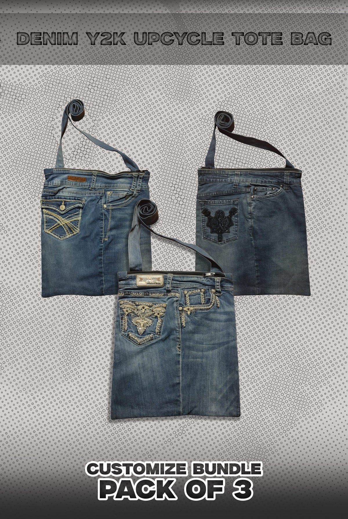 Pack Of 3 Denim Y2k Upcycle Tote Bags Bundle