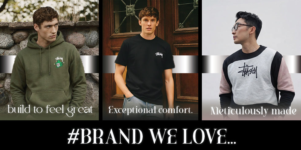 Three men wearing different outfits with text about comfort and quality, featuring the brand '#Brand We Love'.